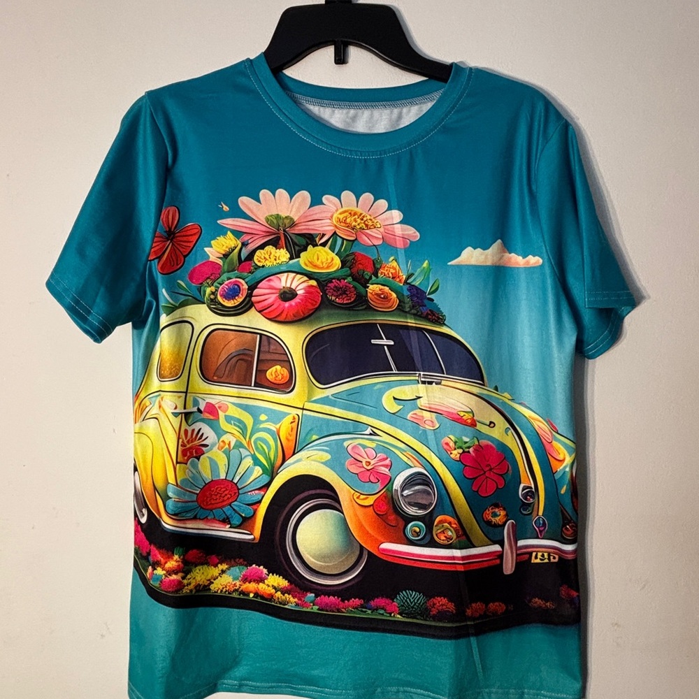 Colorful Shirt with Beetle Car and Floral Design